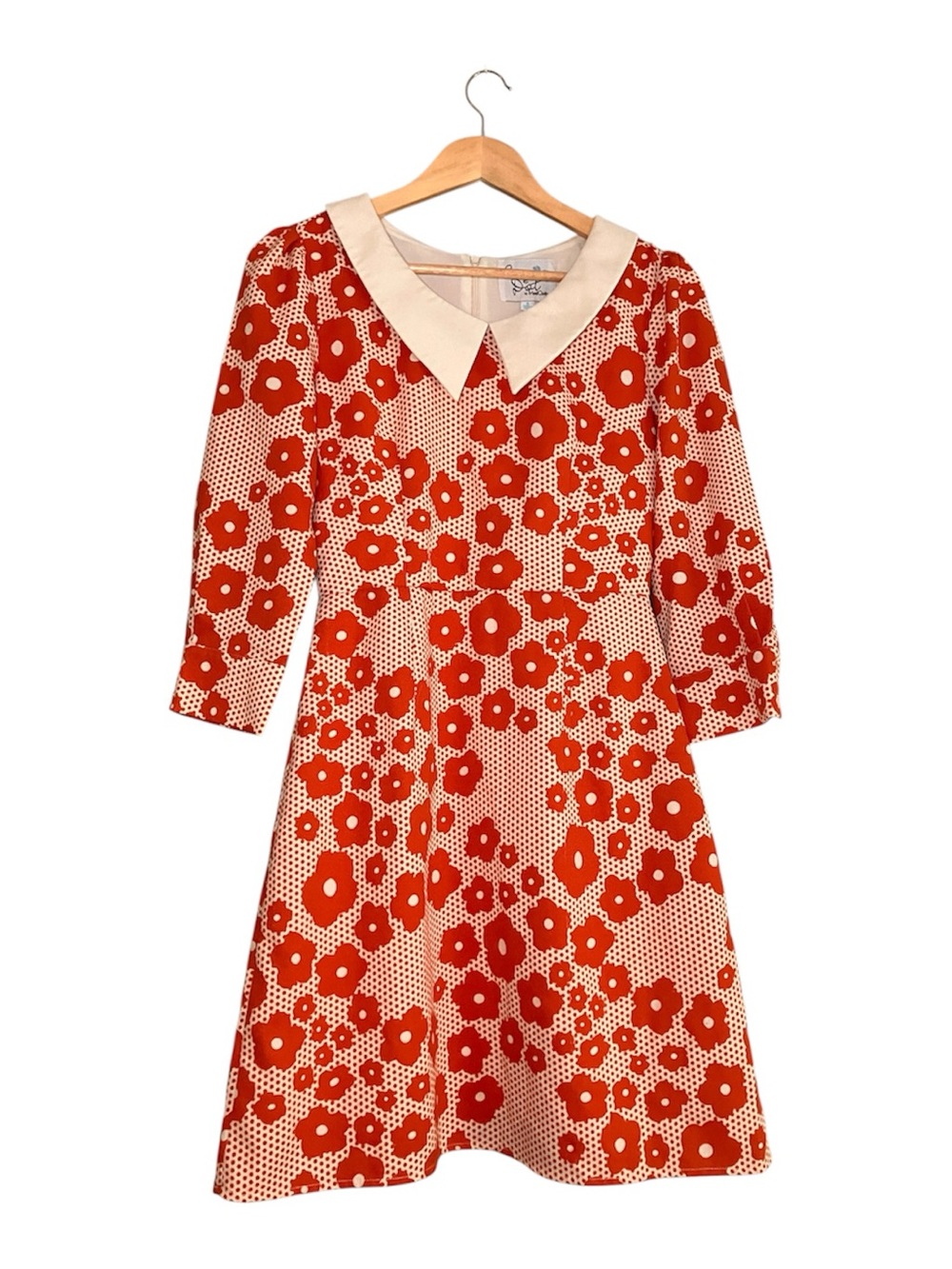 ModCloth Cream and Red Floral Fit-and-Flare Dress with Contrast Collar
